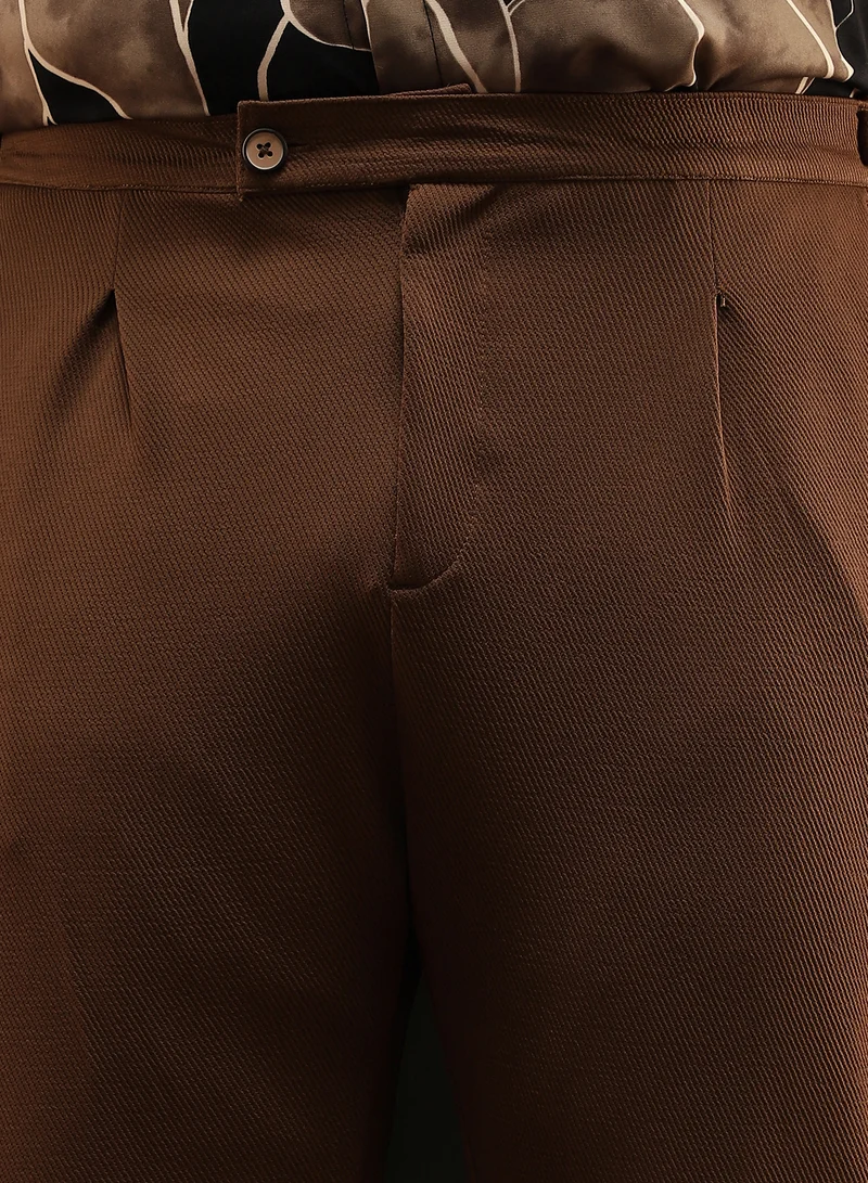 Instafab Plus Instafab Plus Men's Chocolate Brown Extended-Waistband Pleated Trousers | Mid Rise , Straight Hem , Button Closure | Solid Twill Polyester Blend Material For Formal & Office Wear