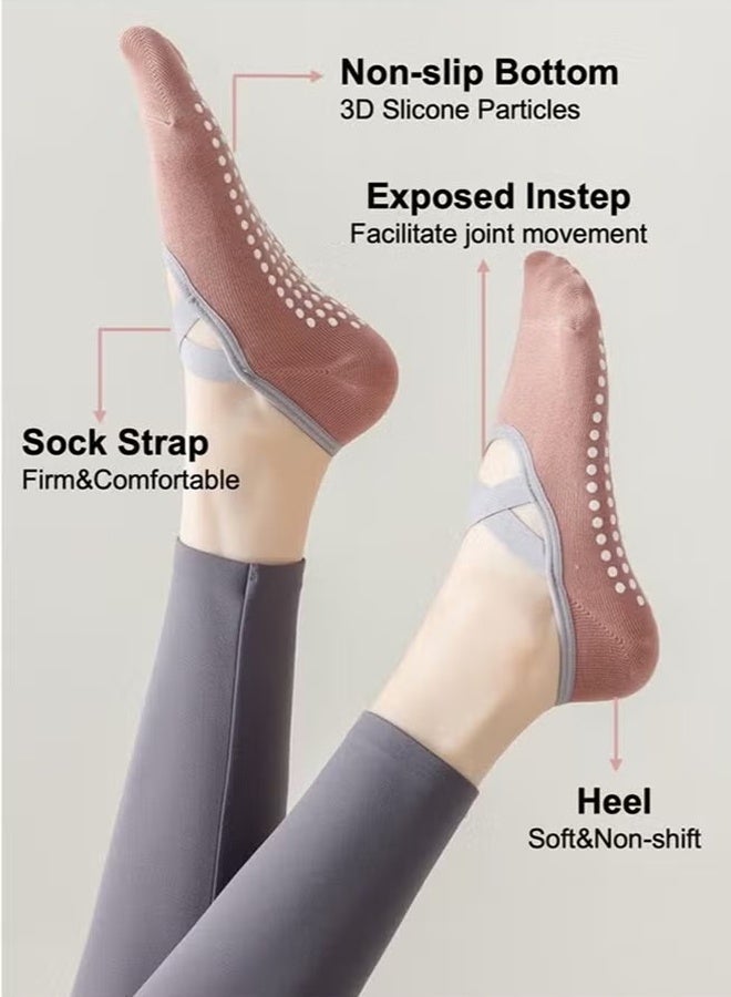 Lemon 4 Pairs of Women's Non-slip Pilates Socks, Non-slip Yoga Socks, Cotton Pilates Socks with Straps, Breathable, Moisture Wicking, Suitable for Yoga/Pilates/Ballet/Dance/Fitness (Pink+purple+khaki+green, Size 36-42) - Image 5