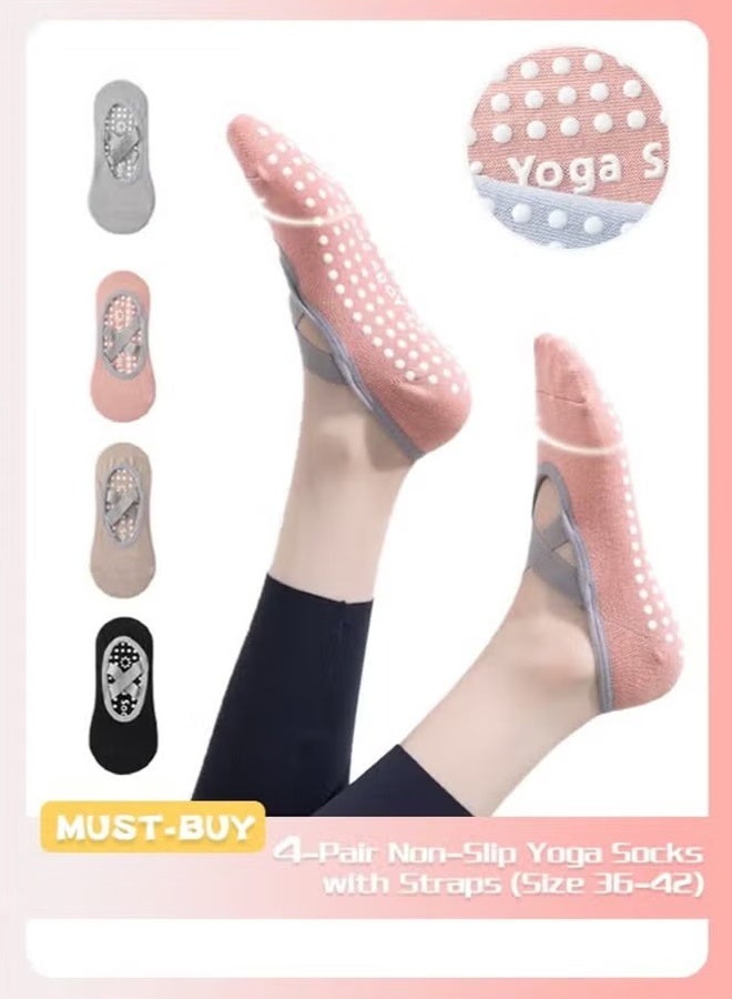 Lemon 4 Pairs of Women's Non-slip Pilates Socks, Non-slip Yoga Socks, Cotton Pilates Socks with Straps, Breathable, Moisture Wicking, Suitable for Yoga/Pilates/Ballet/Dance/Fitness (Pink+purple+khaki+green, Size 36-42) - Image 3