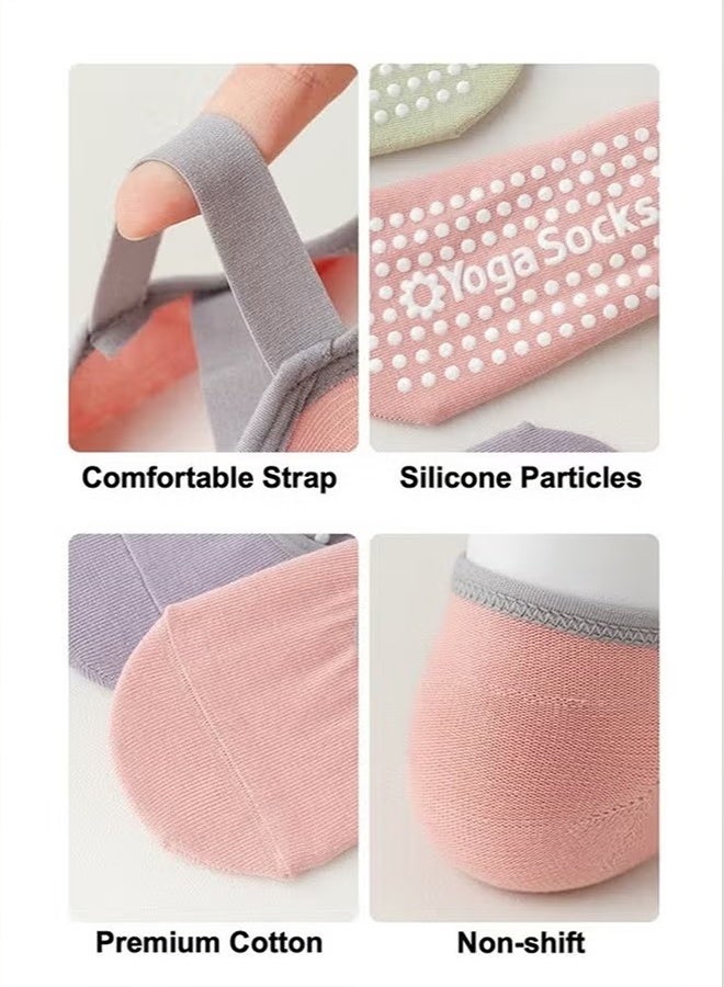 Lemon 4 Pairs of Women's Non-slip Pilates Socks, Non-slip Yoga Socks, Cotton Pilates Socks with Straps, Breathable, Moisture Wicking, Suitable for Yoga/Pilates/Ballet/Dance/Fitness (Pink+purple+khaki+green, Size 36-42) - Image 4
