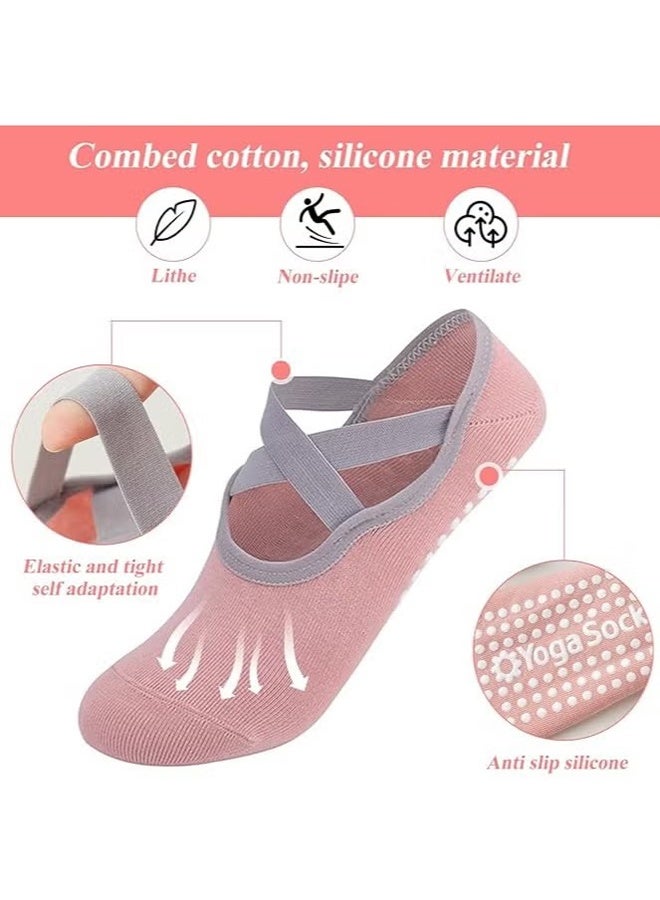 Lemon 4 Pairs of Women's Non-slip Pilates Socks, Non-slip Yoga Socks, Cotton Pilates Socks with Straps, Breathable, Moisture Wicking, Suitable for Yoga/Pilates/Ballet/Dance/Fitness (Pink+purple+khaki+green, Size 36-42) - Image 2