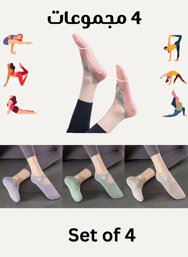 Lemon 4 Pairs of Women's Non-slip Pilates Socks, Non-slip Yoga Socks, Cotton Pilates Socks with Straps, Breathable, Moisture Wicking, Suitable for Yoga/Pilates/Ballet/Dance/Fitness (Pink+purple+khaki+green, Size 36-42) - Image 1