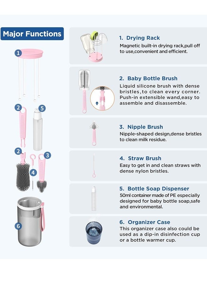 Portable Bottle Brush Cleaner Set, Travel Bottle Cleaner Kit for Baby with Silicone Bottle, Nipple and Straw Brush, Stirring Head, Soap Dispenser, Drying Rack and Storage Box, Pink - Image 3