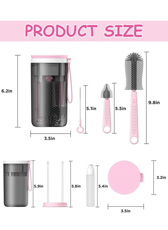 Portable Bottle Brush Cleaner Set, Travel Bottle Cleaner Kit for Baby with Silicone Bottle, Nipple and Straw Brush, Stirring Head, Soap Dispenser, Drying Rack and Storage Box, Pink - Image 2