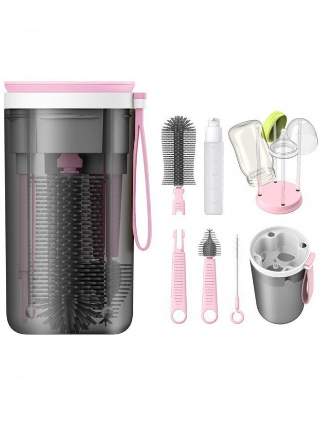 Portable Bottle Brush Cleaner Set, Travel Bottle Cleaner Kit for Baby with Silicone Bottle, Nipple and Straw Brush, Stirring Head, Soap Dispenser, Drying Rack and Storage Box, Pink - Image 1