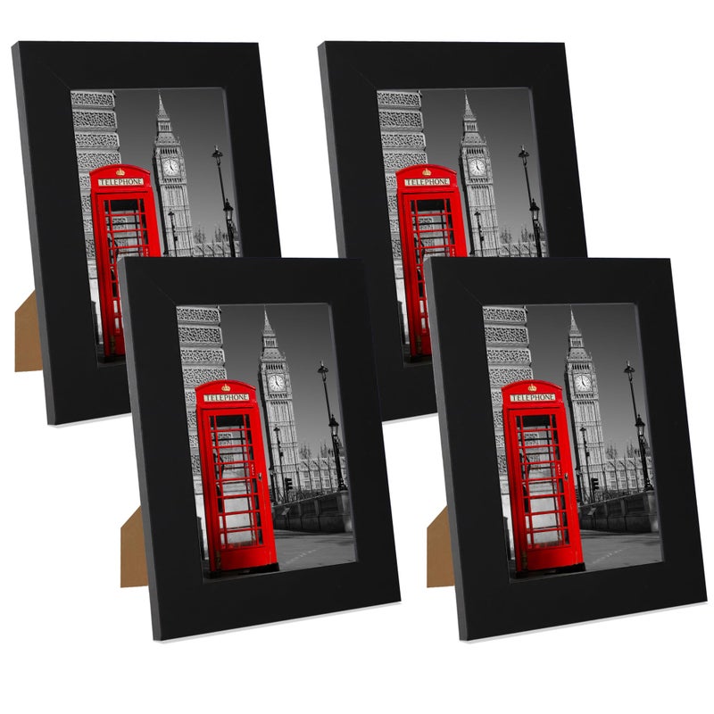iRahmen 5x7 Picture Frame Set of 4 with HD Glass  Black Picture Frame  5 x 7 Wood Rustic Picture Frames for Horizontal or Vertical Table Top and Wall Mounting - Image 1