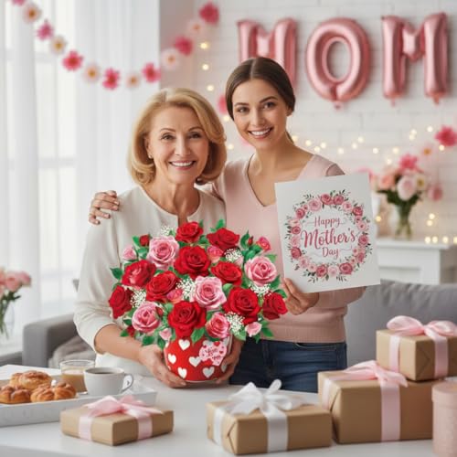 Tcamp Pop Up Mothers Day Card with Music & Light, Rose Bouquet Greeting Card, Mothers Day Card, Anniversary Birthday Gifts for Women Mom Sister - Image 3