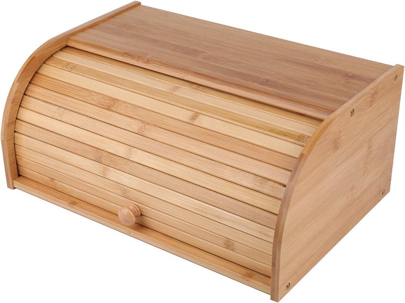 Lawei Bamboo Bread Box Large Natural Roll Top Wood Bread Box Countertop Bread Storage Bin Bread Boxes Holder for Kitchen Food Storage No Assembly Required