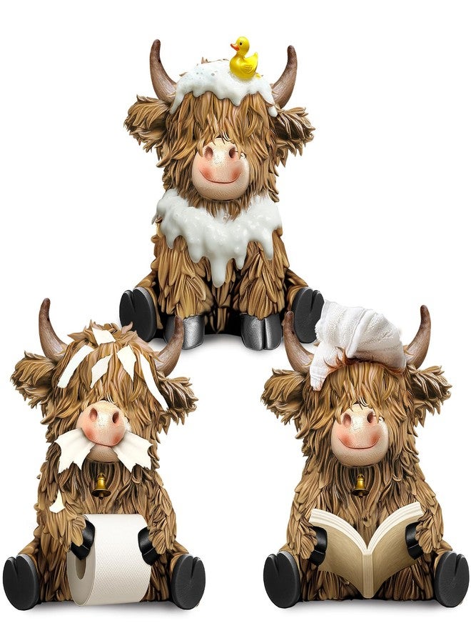 Burbell 3 Pcs Highland Cow Bathroom Figurines Bathroom Theme Highland Cow Gnomes Bath Decor Resin Statue Calf Lovers Gifts for Farmhouse Home Garden Kitchen Office Tiered Tray Table Decor - Image 1
