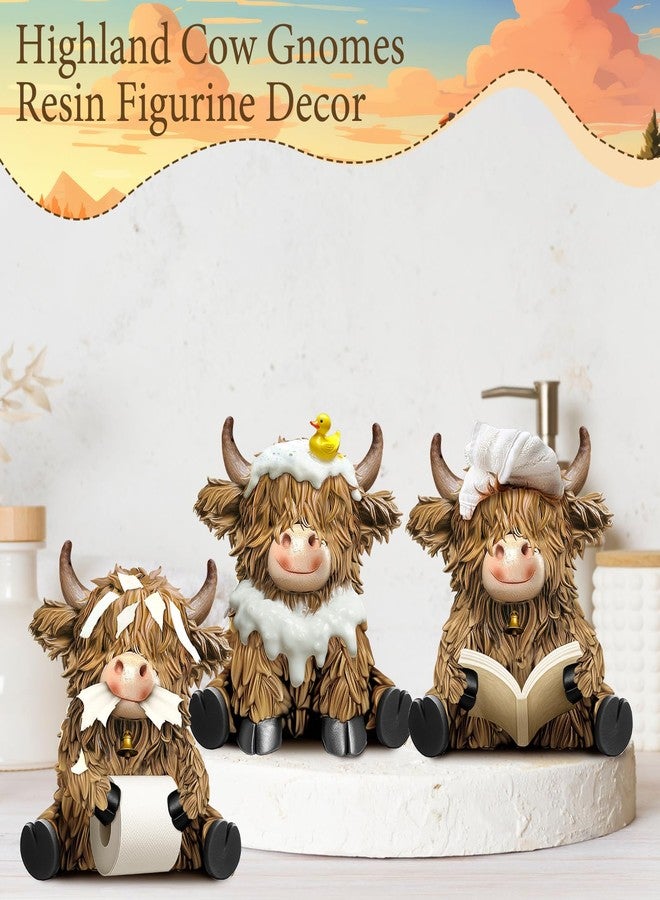 Burbell 3 Pcs Highland Cow Bathroom Figurines Bathroom Theme Highland Cow Gnomes Bath Decor Resin Statue Calf Lovers Gifts for Farmhouse Home Garden Kitchen Office Tiered Tray Table Decor - Image 2