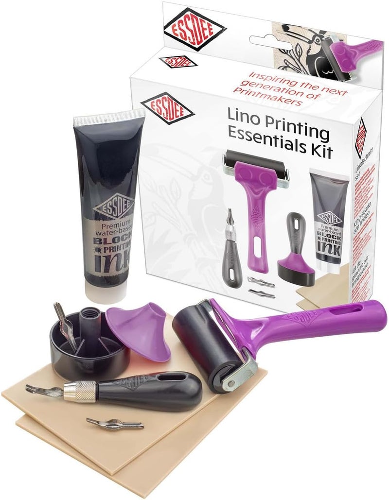 Essdee Block Printing Essentials Kit Includes 2 Ink Rollers, 3 Lino Cutters, Lino Handle, Printing Ink and Carving Block || Used in Art, Craft and Carving Stamps || Made in The UK - Image 1
