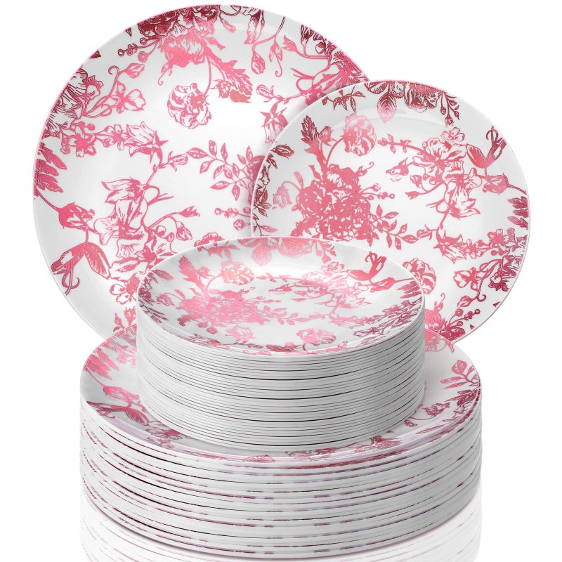 Suclain 60 Pcs Pink Plastic Floral Plates Disposable Heavy Duty White with Pink Floral 9" Dinner Plate and 7" Dessert Plate, Disposable Plastic Plates for Party Birthday Bridal Shower - Image 1