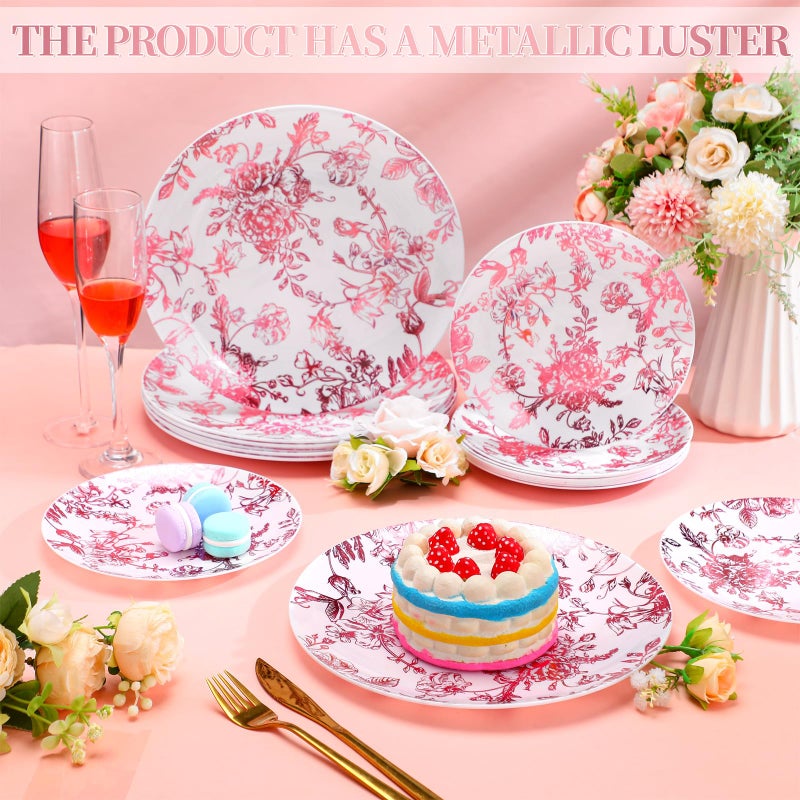 Suclain 60 Pcs Pink Plastic Floral Plates Disposable Heavy Duty White with Pink Floral 9" Dinner Plate and 7" Dessert Plate, Disposable Plastic Plates for Party Birthday Bridal Shower - Image 2
