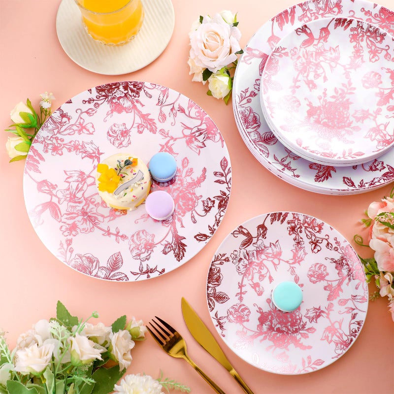 Suclain 60 Pcs Pink Plastic Floral Plates Disposable Heavy Duty White with Pink Floral 9" Dinner Plate and 7" Dessert Plate, Disposable Plastic Plates for Party Birthday Bridal Shower - Image 4