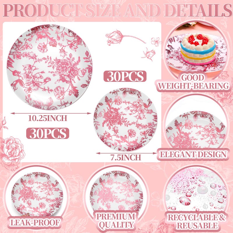 Suclain 60 Pcs Pink Plastic Floral Plates Disposable Heavy Duty White with Pink Floral 9" Dinner Plate and 7" Dessert Plate, Disposable Plastic Plates for Party Birthday Bridal Shower - Image 3