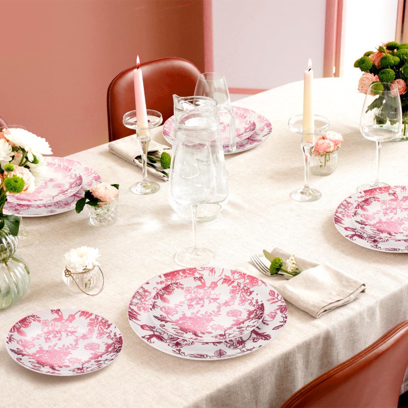 Suclain 60 Pcs Pink Plastic Floral Plates Disposable Heavy Duty White with Pink Floral 9" Dinner Plate and 7" Dessert Plate, Disposable Plastic Plates for Party Birthday Bridal Shower - Image 5