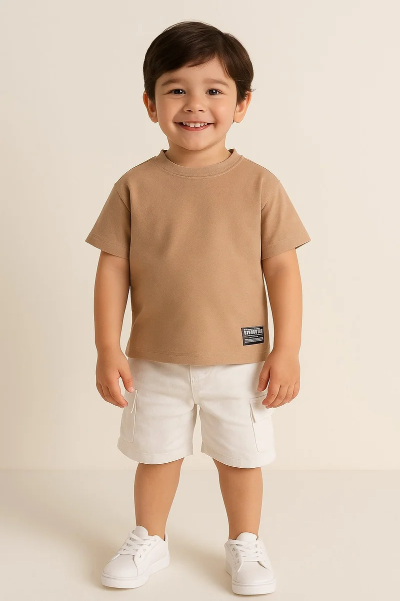 فكتور اند جين Junior Boys Textured Cotton T-Shirt - Beige