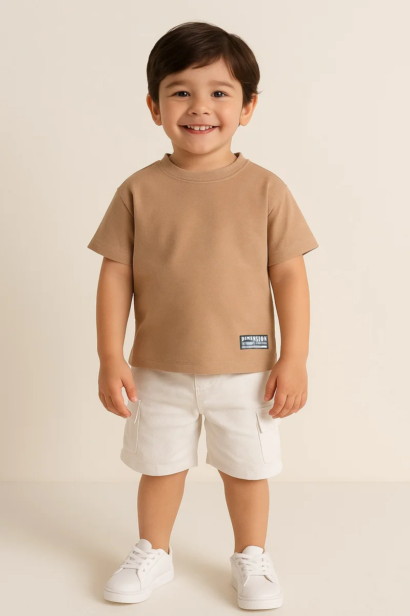 victor and jane Junior Boys Textured Cotton T-Shirt - Beige