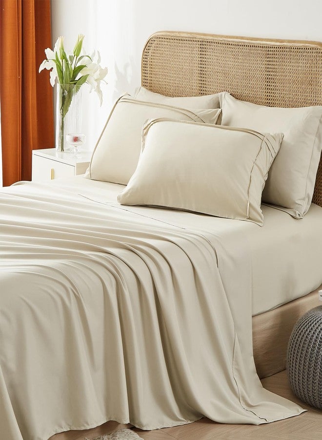 Yogeneg Queen Comforter Set 7 Piece Bed in a Bag,Grid Pinch Pleat Beige Bedding Set,Striped Textured Soft Microfiber Comforter with Sheet Set,All Season Complete Bed Set(Beige,Queen) - Image 4