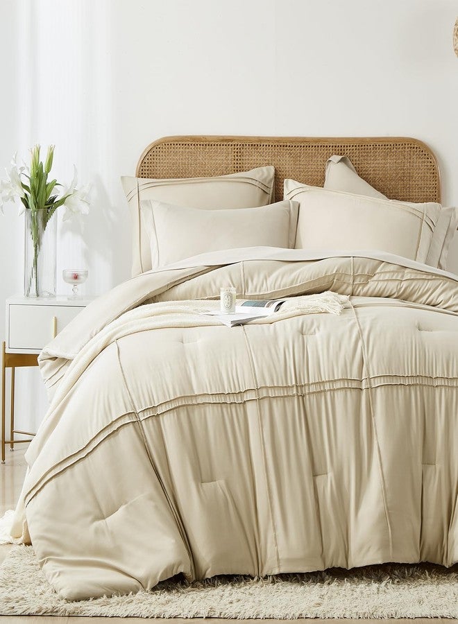 Yogeneg Queen Comforter Set 7 Piece Bed in a Bag,Grid Pinch Pleat Beige Bedding Set,Striped Textured Soft Microfiber Comforter with Sheet Set,All Season Complete Bed Set(Beige,Queen) - Image 2