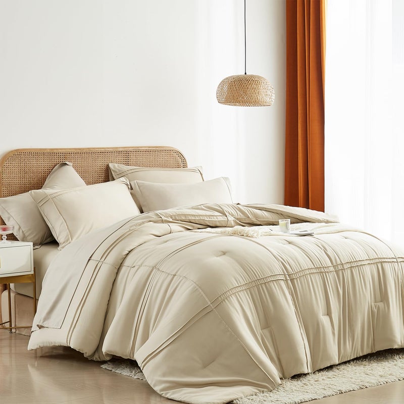 Yogeneg Queen Comforter Set 7 Piece Bed in a Bag,Grid Pinch Pleat Beige Bedding Set,Striped Textured Soft Microfiber Comforter with Sheet Set,All Season Complete Bed Set(Beige,Queen) - Image 1