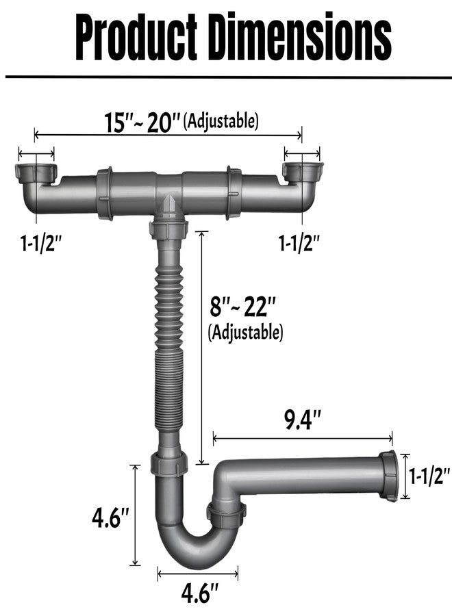 COLDDD 1-1/2" Double Kitchen Sink Drain Pipe kit, Expandable and Flexible P-Trap, Wall-Outlet, Completed Sink Pipe Replacement Kit - Image 2
