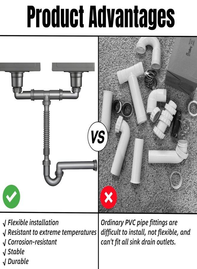 COLDDD 1-1/2" Double Kitchen Sink Drain Pipe kit, Expandable and Flexible P-Trap, Wall-Outlet, Completed Sink Pipe Replacement Kit - Image 4