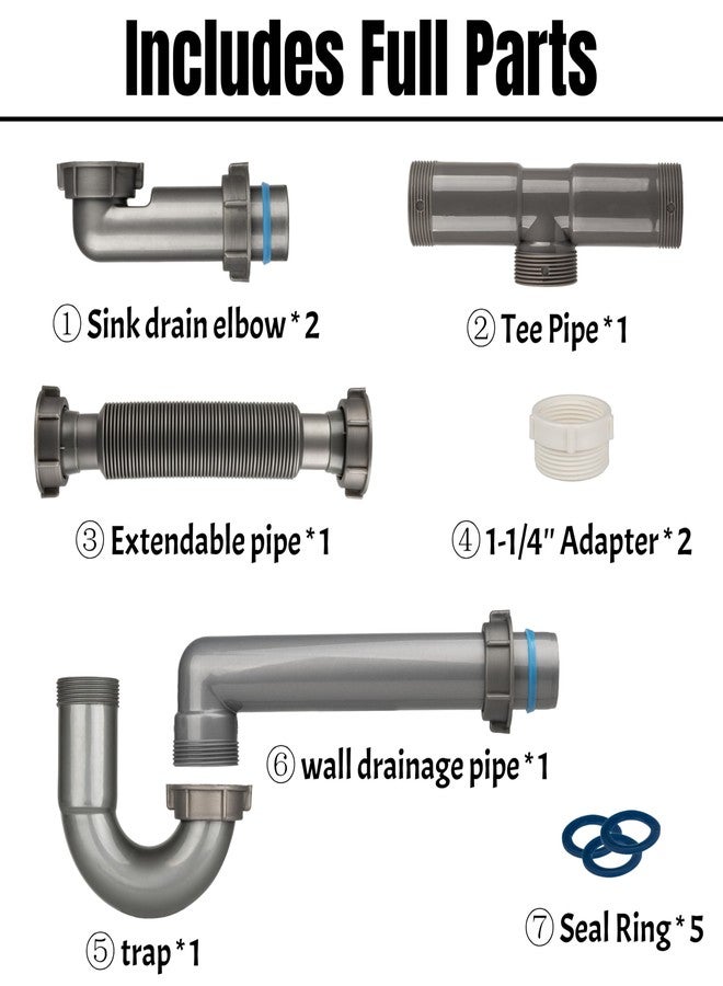 COLDDD 1-1/2" Double Kitchen Sink Drain Pipe kit, Expandable and Flexible P-Trap, Wall-Outlet, Completed Sink Pipe Replacement Kit - Image 3