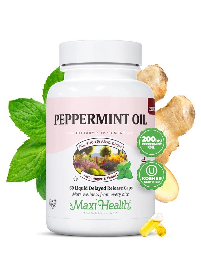 Maxi Health كبسولات زيت النعناع من ماكسي هيلث | حبوب زيت النعناع مع الزنجبيل العضوي والشمر | كبسولة إطلاق مؤجل | مكمل النعناع لدعم الهضم والغثيان والغازات والانتفاخ والجهاز الهضمي (60 كبسولة) - Image 1
