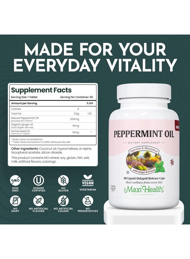 Maxi Health كبسولات زيت النعناع من ماكسي هيلث | حبوب زيت النعناع مع الزنجبيل العضوي والشمر | كبسولة إطلاق مؤجل | مكمل النعناع لدعم الهضم والغثيان والغازات والانتفاخ والجهاز الهضمي (60 كبسولة) - Image 2