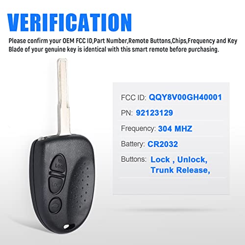 Keymall Remote Head Key Fob with Chip Replacement 304MHz for Pontiac GTO 2004 2005 2006 FCC ID:QQY8V00GH40001 PN: 92123129 3 Buttons - Image 4