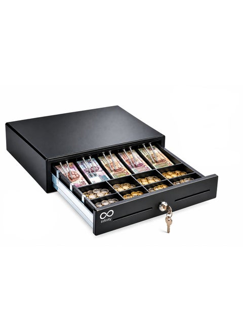Infinity M410 درج كاشير معدني 5 ورق + 8 عملات مع قفل ومفتاح – Cash Drawer متوافق مع POS وطابعات الإيصالات – مناسب للسوبر ماركت والصيدليات والمتاجر
