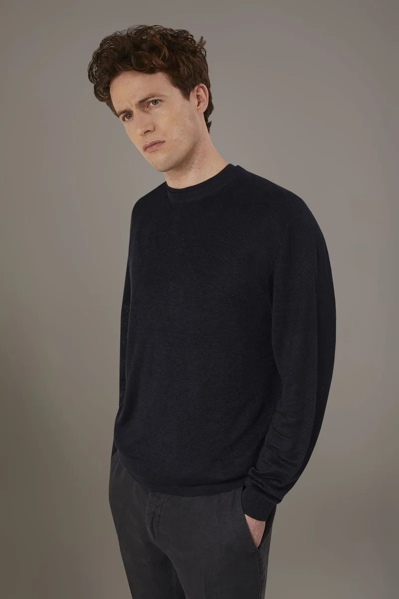 دوبل غانغر Round neck sweater 100% linen - DK Blue
