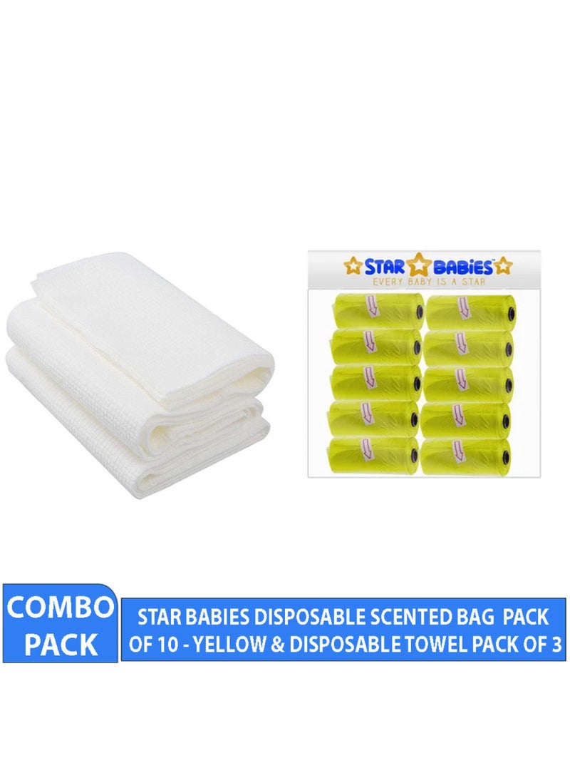 STAR BABiES Combo Pack Scented Bag Pack Of 10 With Dispsoable Towel Pack Of 3   Yellow - Image 2