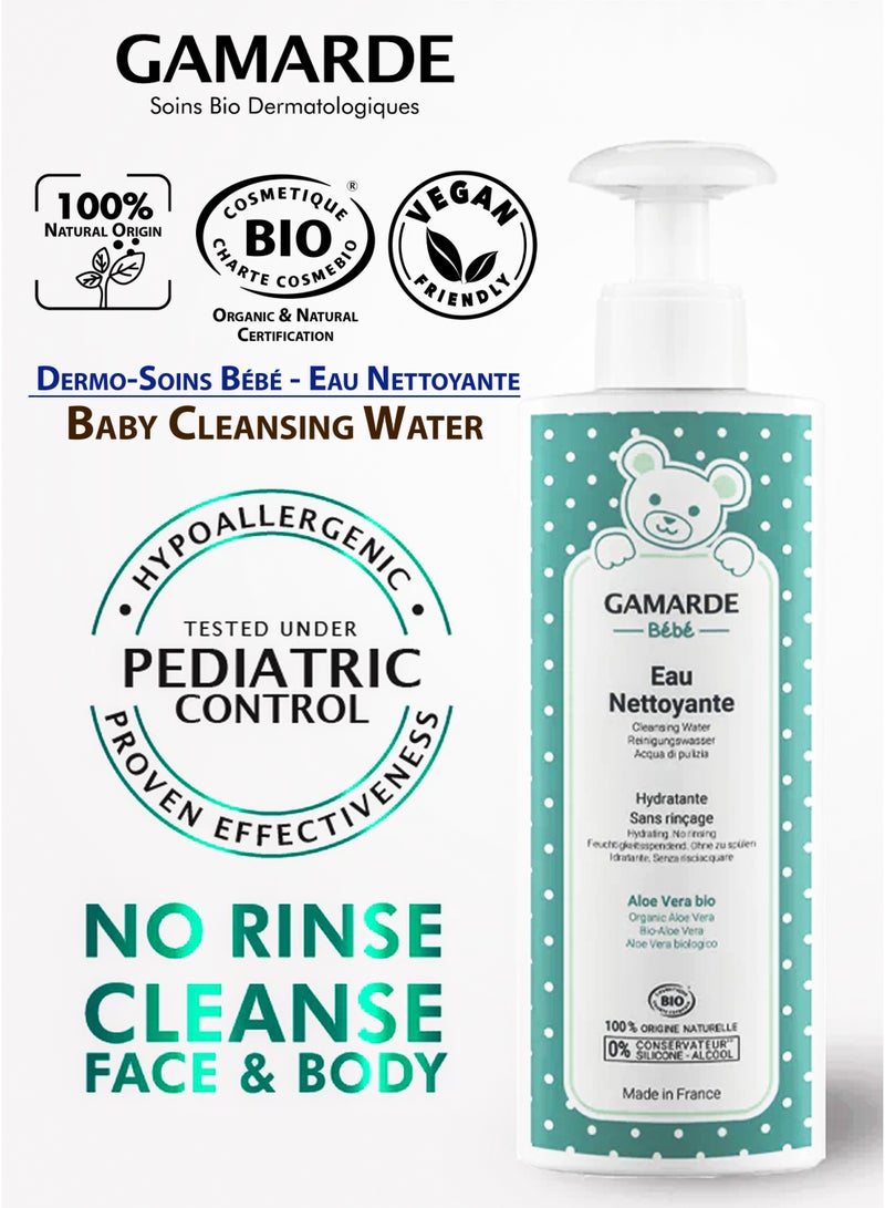 gamarde Baby Cleansing Water 400ml Certified Organic & 100% Natural Hydrating Best No-Rinse Cleanser with Aloe Vera & Thermal Spring Water Gentle Daily Face & Body Cleanser for Babies Hypoallergenic Vegan Formula, Dermatologically & Pediatric Tested, Tear-Free for Newborns, Infants & Kids Made In France - Image 4