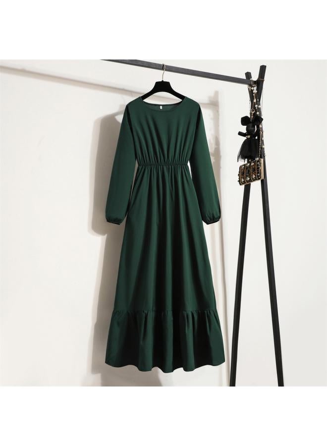 Women's New Dress Solid Color Pullover Long Sleeve Waist A- Line Dress 