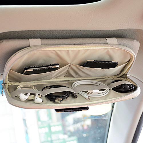 Da by Car Sun Visor Organizer, Multi-Pocket Visor Organizer Storage Pouch for Cars, SUVs & Trucks with Double Zippers, Elastic Bands & Glasses Clip- Organizes Essentials Keep Tidy (Beige Light Yellow) - Image 2