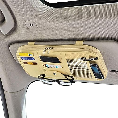 Da by Car Sun Visor Organizer, Multi-Pocket Visor Organizer Storage Pouch for Cars, SUVs & Trucks with Double Zippers, Elastic Bands & Glasses Clip- Organizes Essentials Keep Tidy (Beige Light Yellow) - Image 1