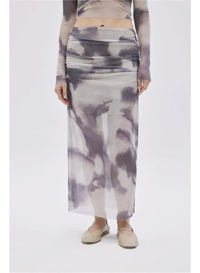Sherin Beige Draped Detailed Midi Tulle Skirt.