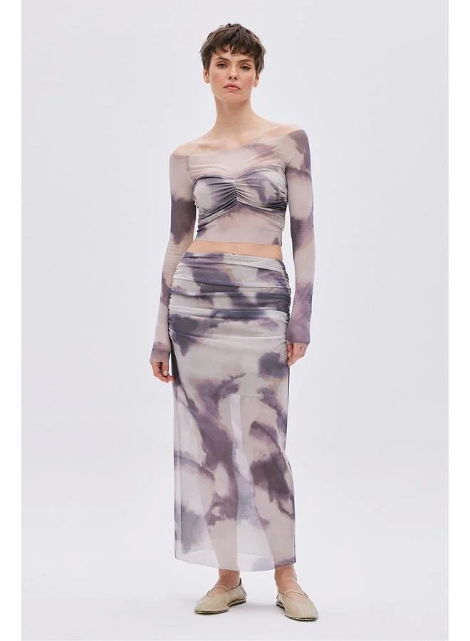 Sherin Beige Draped Detailed Midi Tulle Skirt.