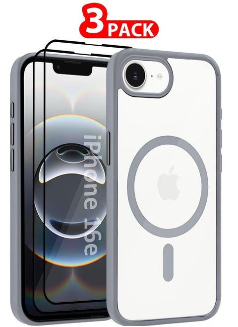 iPhone 16E 3Packs Case Cover Ultra Durable MagSafe Shockproof Slim and Scratch Resistant Premium MagSafe Case with Two 3D Screen Protectors - Clear/Grey