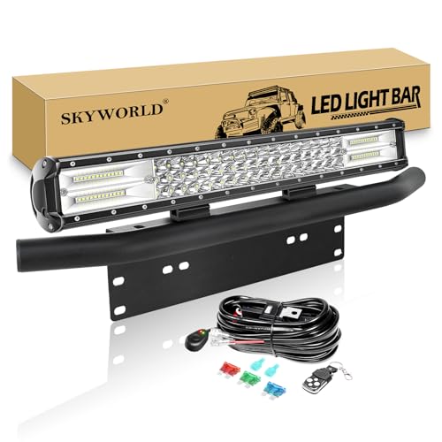 SKYWORLD LED Light Bar SKYWORLD 20 inch 288W LED Off Road Driving Lights, License Plate Mount Bracket Holder with 12V Strobe Remote Control Wiring Harness for Tractor Truck 4x4 Vehicles Exterior Car Lighting - Image 1