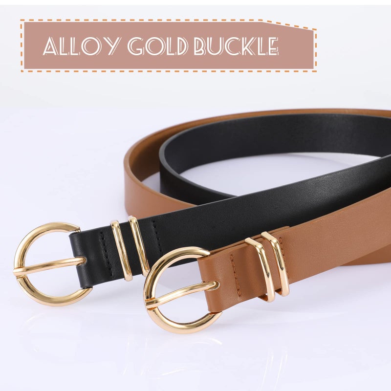 VONMELLI 2 Pack Women's Leather Belts for Jeans Pants Fashion Gold Buckle Ladies Belt Black Brown S - Image 2