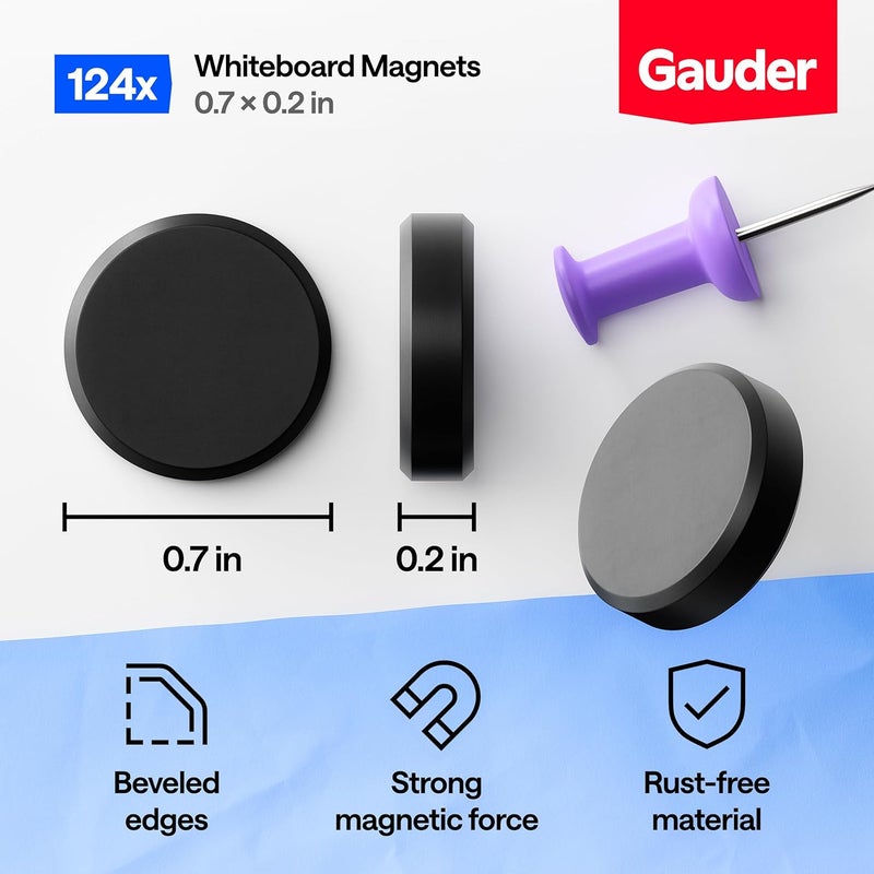 GAUDER Magnets for Whiteboard, Fridge & Bulletin Board - Strong Round Magnetic Discs - Black Magnets for Crafts (124 Pieces - 0.7" x 0.2") - Image 2