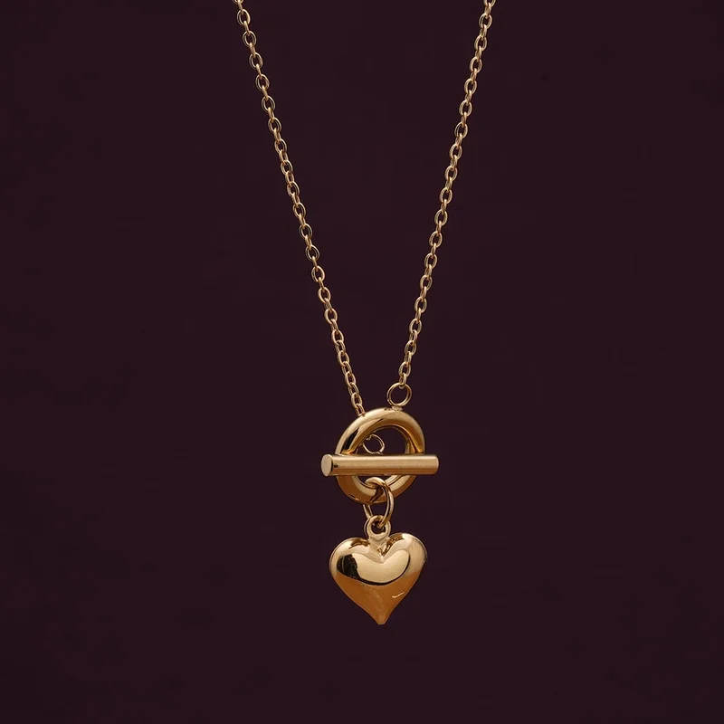 بالموناس PALMONAS 18k Gold Tone Plated Ridge Heart T-Bar Necklace
 for Women