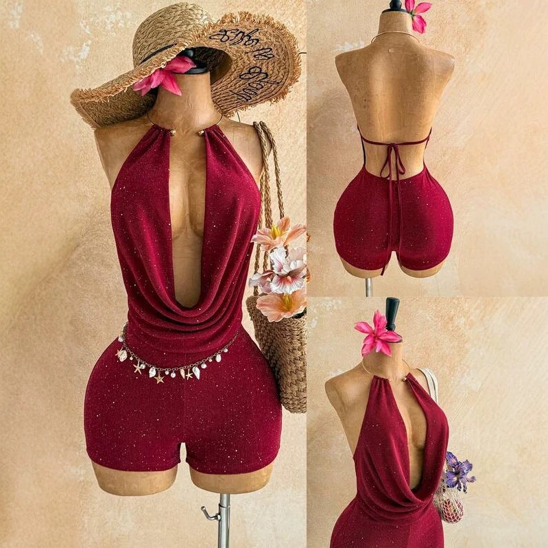 Women's Halter Neck Bodycon Jumpsuit in Red - Image 1