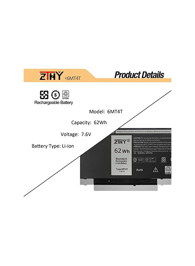 ZTHY New 62Wh 6Mt4T Laptop Battery Replacement For Dell Latitude E5470 Latitude E5570 Precision 3510 Notebook Pc, Fits 7V69Y Txf9M 0C1P4 79Vrk 07V69Y 451-Bbun 451-Bbtw 7.6V 4Cell - Image 3