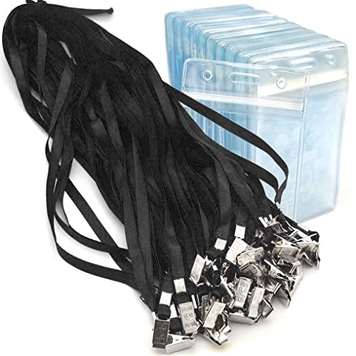 Bird Fiy Lanyards with Vertical Badge ID Card Holder,50 pcs Waterproof & Dustproof Badge Holders 50 pcs Lanyard Bulldog Clips for Men/Women Office ID Name Tags (Black) - Image 1