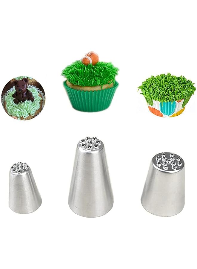 S-TOP 3 PCS Stainless Steel Grass Icing Nozzles Set, Mousse Cake Decorating Tips Pipe Nozzle DIY Baking Tool, Beginners Use for DIY Baking and Decoration Cupcakes, Biscuits (Silver) - Image 1