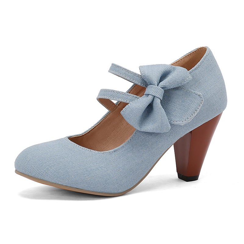 2024 Spring Classic Round-Headed High Heels 31-48 Denim Bow Shallow Mouth Shoes - Image 1
